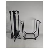 Wrought iron fireplace tools and log rack