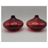 Pair of hand-blown cranberry art glass vases