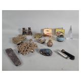 Brass trivets, glass and acrylic paperweights,
