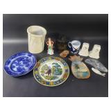 Box of miscellaneous marble vase, tea caddy,