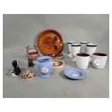 Wedgwood vase, ashtray, ceramic miniature tea set