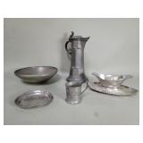 Group of vintage pewter bowl, pitcher, gravy