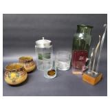 Group of vintage glass tumblers, lamp shades,