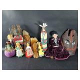 Group of carved wood figurines, dolls, pin