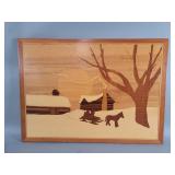 Vintage hand crafted wood marquetry wall plaque