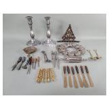 Pewter candlesticks, crystal handle letter