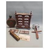 Antique wood spice cabinet, brass pepper grinder