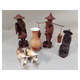 Group of carved wood figures, vase & salt and