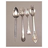 4 antique sterling serving pieces, olive spoon,
