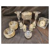 Glass candlesticks, coasters, lighter, clock,