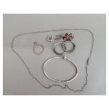 Group of silver jewelry earrings, necklace,