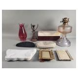 Box of misc oil lamp, purses, candle holder, etc