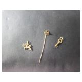14k gold stick pin with diamond, key pendant and
