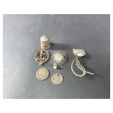 Vintage silver jewelry, cat brooch, thimble,