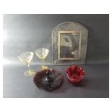 Group of vintage glass stemware, bowl, frame, a