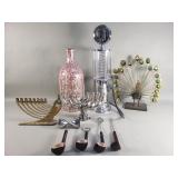 Bar accessories, metal peacock sculpture, etc