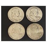 4 Franklin silver half dollar coins. 1951-S,