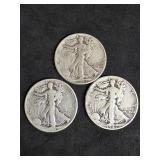 3 Walking Liberty silver half dollar coins