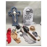 Halloween grouping chainsaw, spider, tombstones,