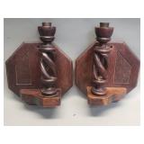 Pair of vintage wood wall-mounted candle sconces
