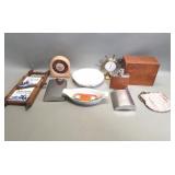 Box of miscellaneous, flasks, desk thermometer,