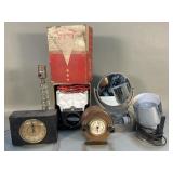 Box of miscellaneous vintage desk clocks, table