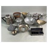 Box of pewter and silver plate, teapot, bowls,