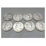 8 Franklin silver half dollar coins