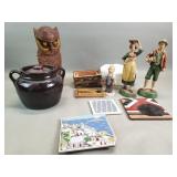 Group of pottery tiles, ceramic figurines,