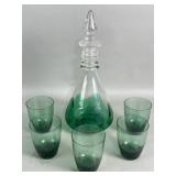 Mid-century green glass decanter and cups