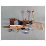 Box of miscellaneous coasters, coin bank,