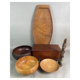 Group of wood bowls, jewelry box and serving tray