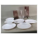 Milk glass plates, glass decanter, smoked glass