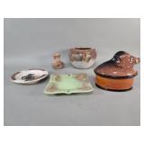 Group of vintage pottery, ashtray, vase, and