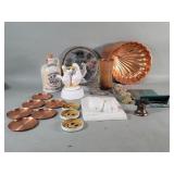 Box of miscellaneous, copper clamshell bowl,