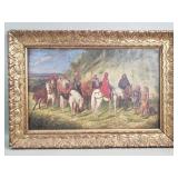 Antique oil on canvas featuring a procession of