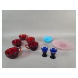 Group of vintage art glass tea cups, plate, and
