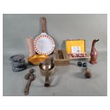 Box of miscellaneous enamel sauce pan, marble