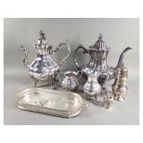 Group of silver plate teapots, cream, sugar,