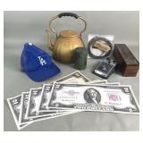Box of miscellaneous: Dodgers hat, metal teapot,