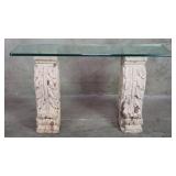 Vintage carved stone console table with glass top