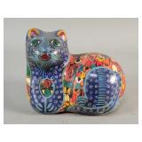 Vintage Mexican hand painted pottery cat figurine