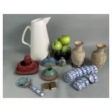 Box of misc napkin rings, composite vases,