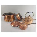 Box of copper cooking pots, kettle
