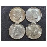 4 1964 Kennedy silver half dollar coins;  1 is a