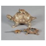 Brass tone 3 piece turtle desk set adorned with