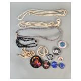 Group of faux pearl, glass necklaces, pin buttons