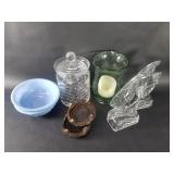 Group of glass figurines, bowl, canister and