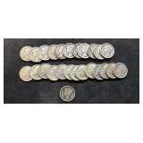 25 Mercury and Roosevelt silver dimes.  1918-1964