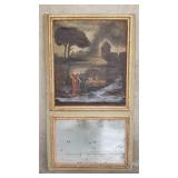 Antique trumeau mirror with oil painting on canvas